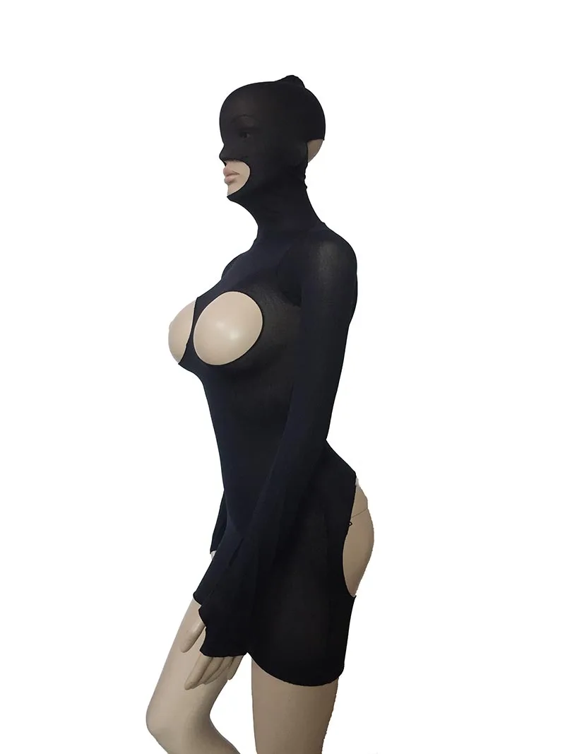 

Sexy Women Semi Sheer Cupless Open Butt Micro Mini Dress with Head Enclosure Hood Long Sleeve Bodystockings Bodysuit Lingerie