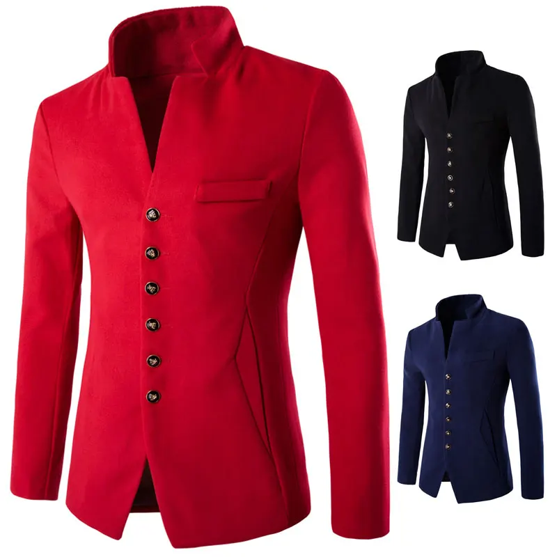 

2019 3 Color New Winter Fashion Formal Solid Mandarin Collar Wool Men's Coats Single breasted Slim fit Casual Thick Mens Blazers