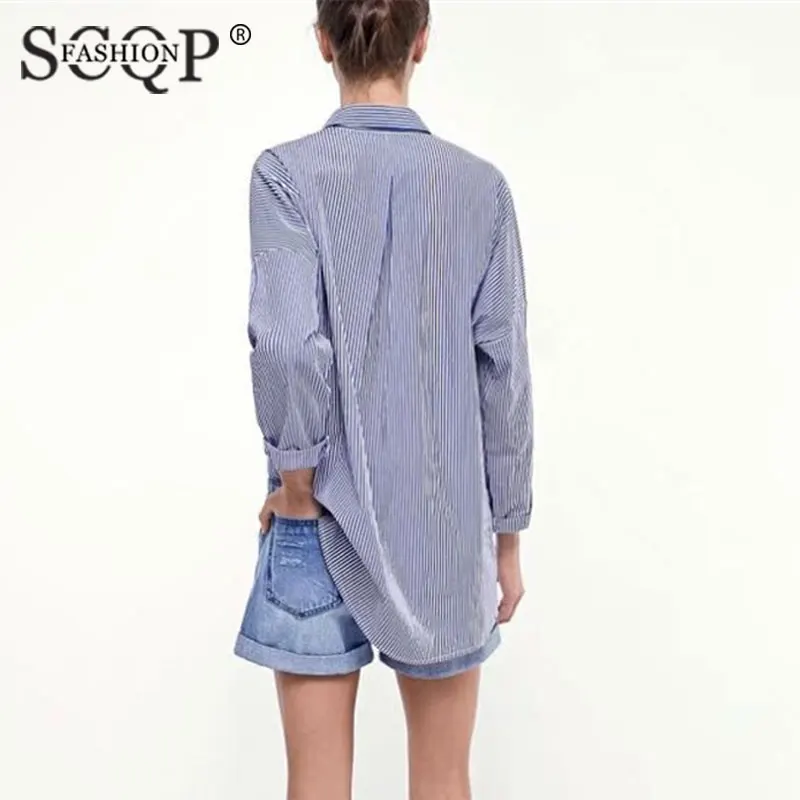 Scqp fashion полосатый вышивка синий женская верхняя одежда и блузки женские с длинным