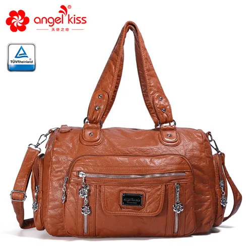Angelkiss Большая вместительная сумка из искусственной кожи с эффектом потертости, дизайнерские сумки-мессенджеры, дорожная сумка на плечо для женщин - Цвет: Коричневый