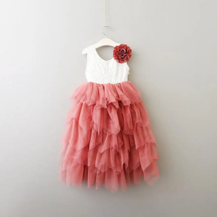 

New Children Baby Floral Lace Mesh Long Dresses, Girls Princess Bridesmaid Flower Party Dress 5 pcs/lot, Wholesale