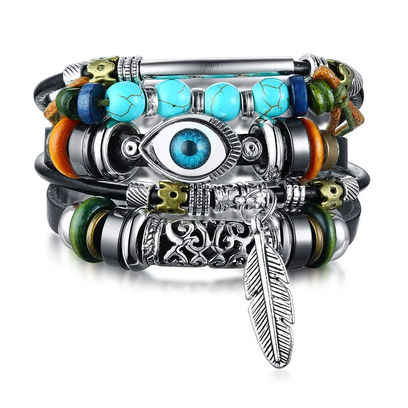 

Punk Charm Bracelet Men Multilayer Multilayer Leather Wrap Wristband Accessories Hematite Adjustable Male Hop Pulseira