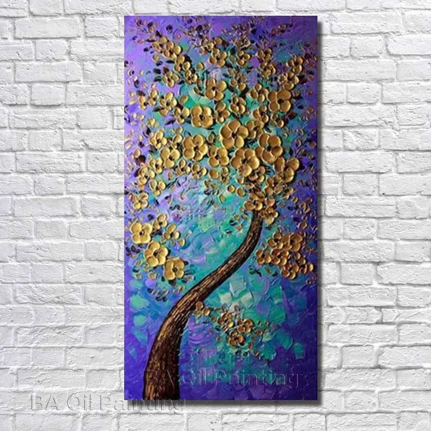 

Hand Painted Abstract Golden Flower Tree Oil Painting Wall Pictures On Canvas Modern Home Decorative for Living Room no Framed