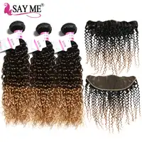 มองโกเลีย Kinky Curly Hair กับการปิด Remy Human Hair 3 รวมกลุ่มกับ Frontal สีบลอนด์ Ombre 13*4 plucked
