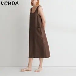 VONDA Платье женское 2019 Лето Хлопок до середины икры Vestidos Винтаж Повседневный стиль, широкий крой без рукавов с круглым вырезом однотонное