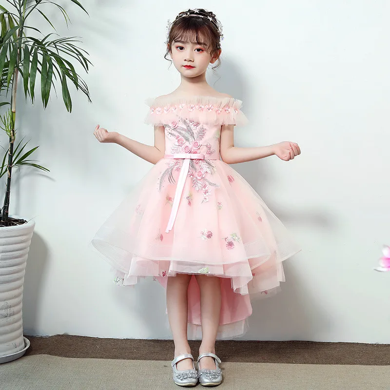 

Little Kids Children Sweet Pink Appliques Flowers Shoulderless Birthday Wedding Party Prom Dress Infant Girls Host Costume Dress