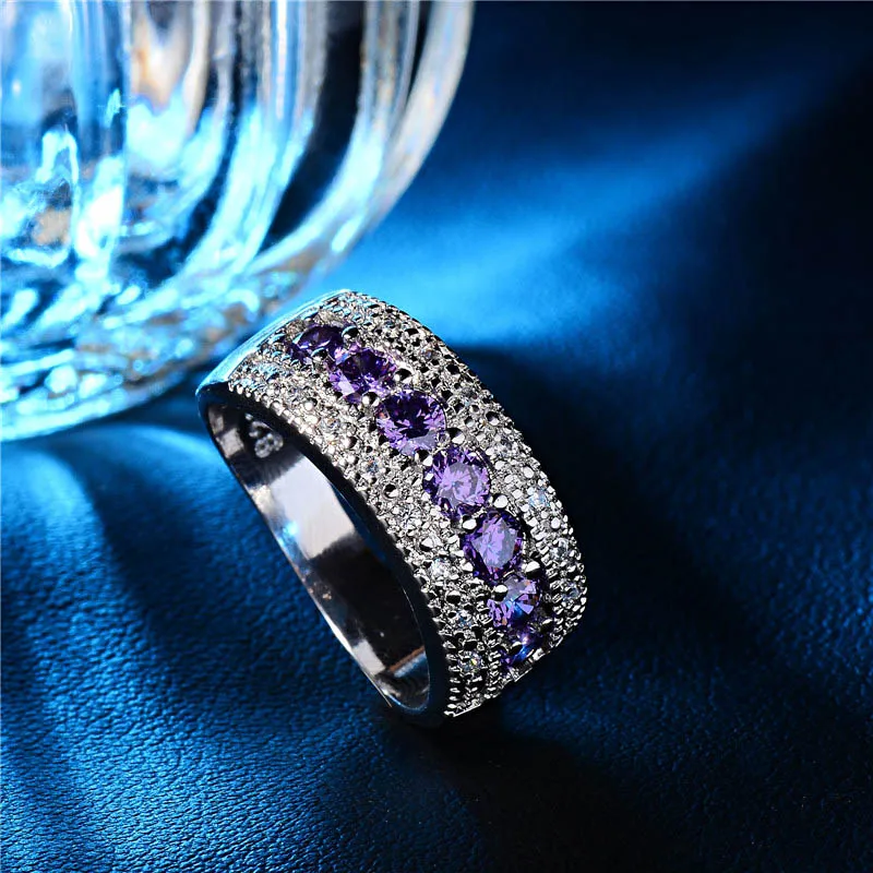H:HYDE Silver Color Purple Crystal CZ Zircon Classic Simple Design Fashion Women Wedding Engagement Romantic Ring bijoux