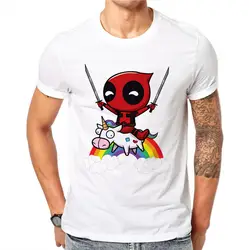 100% хлопок Kawaii Deadpool печатные мужские футболки повседневные топы Милая футболка с коротким рукавом радужные белые мультфильмы футболка с