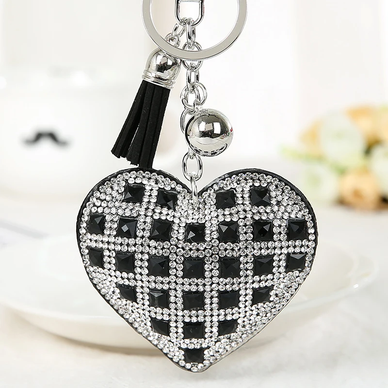 Fashion Keychain Heart Shape Female Full Glass Beads Key Covers Mosaic Leather Fringed Key Chain Car Ring Cap Gift