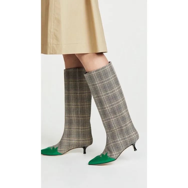 Ferse Hohe Mischfarbe As Laufsteg Hahnentritt Schuhe Stiefel Karierten Frau Show Zeigen Mode Spitz Dünn Sexy Stoff Knie BnTTPxwtRq