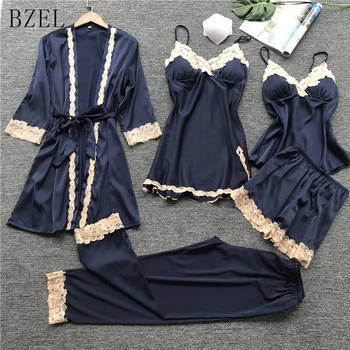 

BZEL 5 Piece Womens Silk Satin Pajamas Pyjamas Set Sleepwear Pijama Pajamas Suit Female Nightwear V-neck Lace Loungewear Nighty