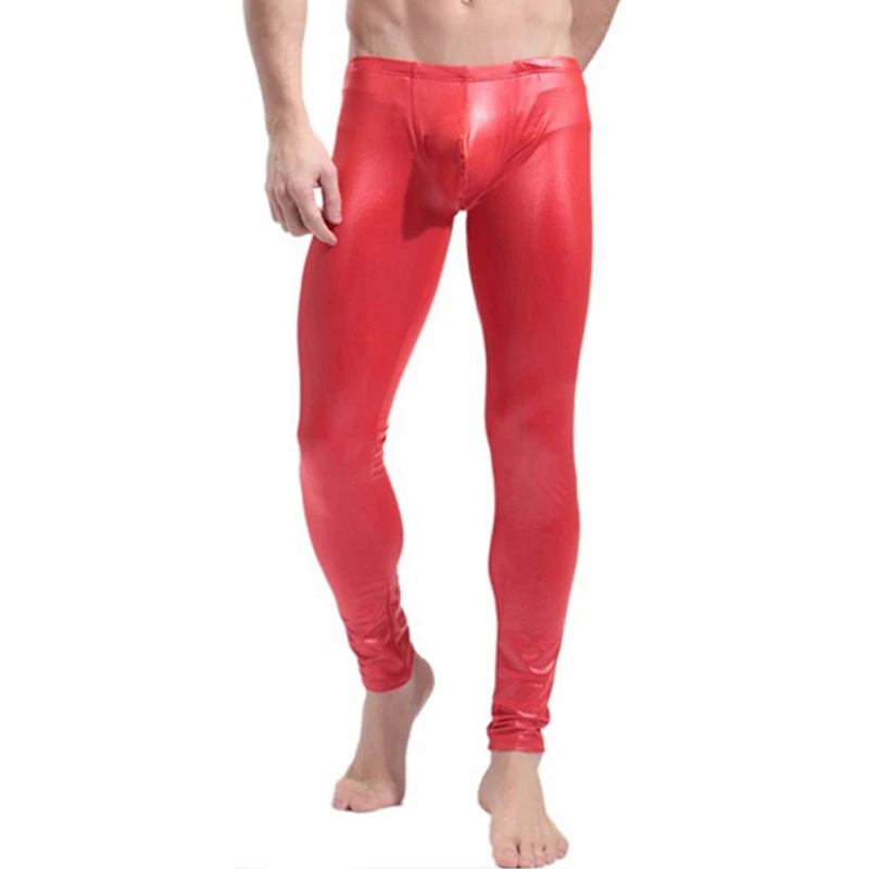 High Elastic Mens Black Red Faux Leather Latex Pencil Leggings Wetlook Bondage Pants Gay Male Fashion Tight Boxer Underwear