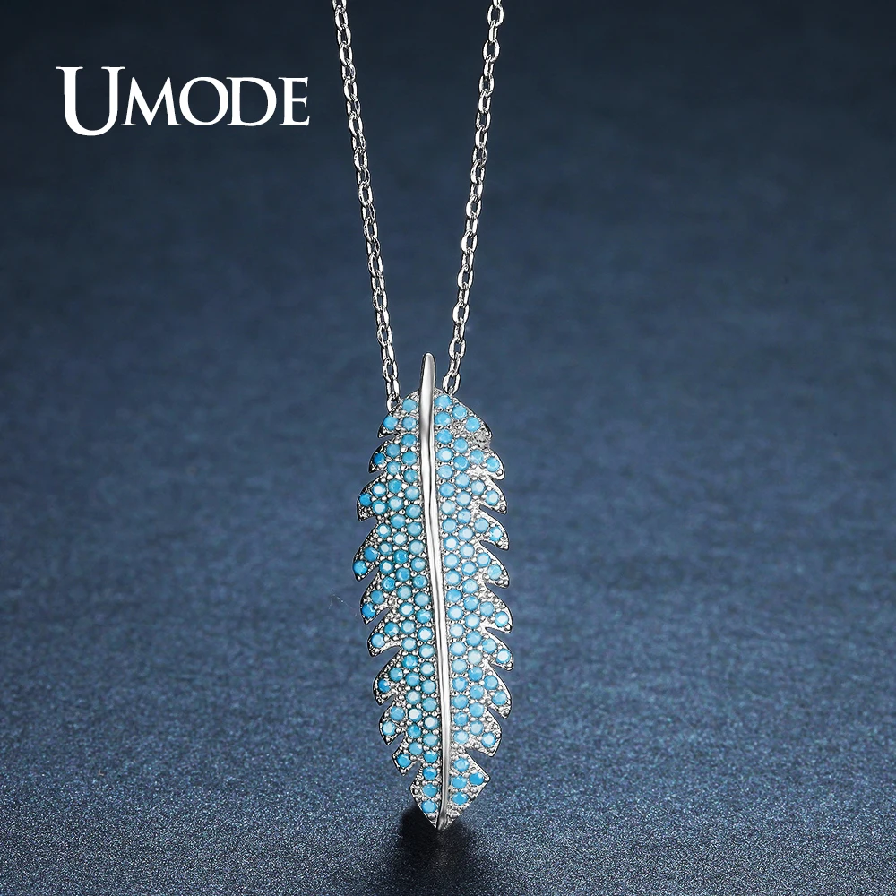 

UMODE Cute Fashion Long Leaf Lake Blue CZ Stone Pendant Necklaces Feather Rhinestone Pendentifs Fabrication De Bijoux AUN0250B