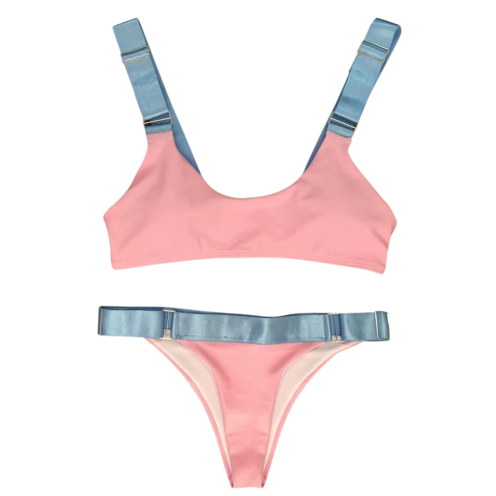 

Shoulder Strap Padded Color Blocking Low Waist Women Bikini Set Brazilian Swimdress Swimwear Biquni Bathing Suit