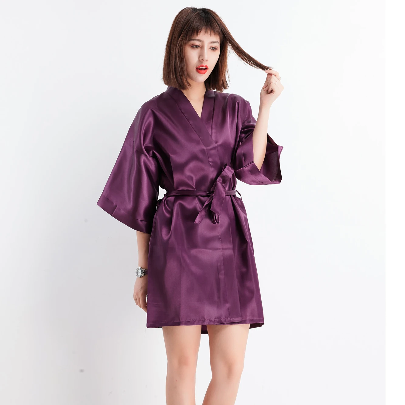Атлас для женщин Ночная рубашка Лето 2019 г. кимоно халат пикантные пижамы домашний сплошной цвет невесты свадебное
