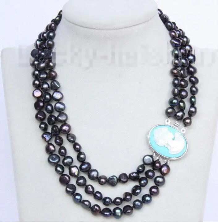 

Hot sale new Style >>>>>Baroque 16"-18" 3row 9mm black pearls necklace seashell clasp j10093
