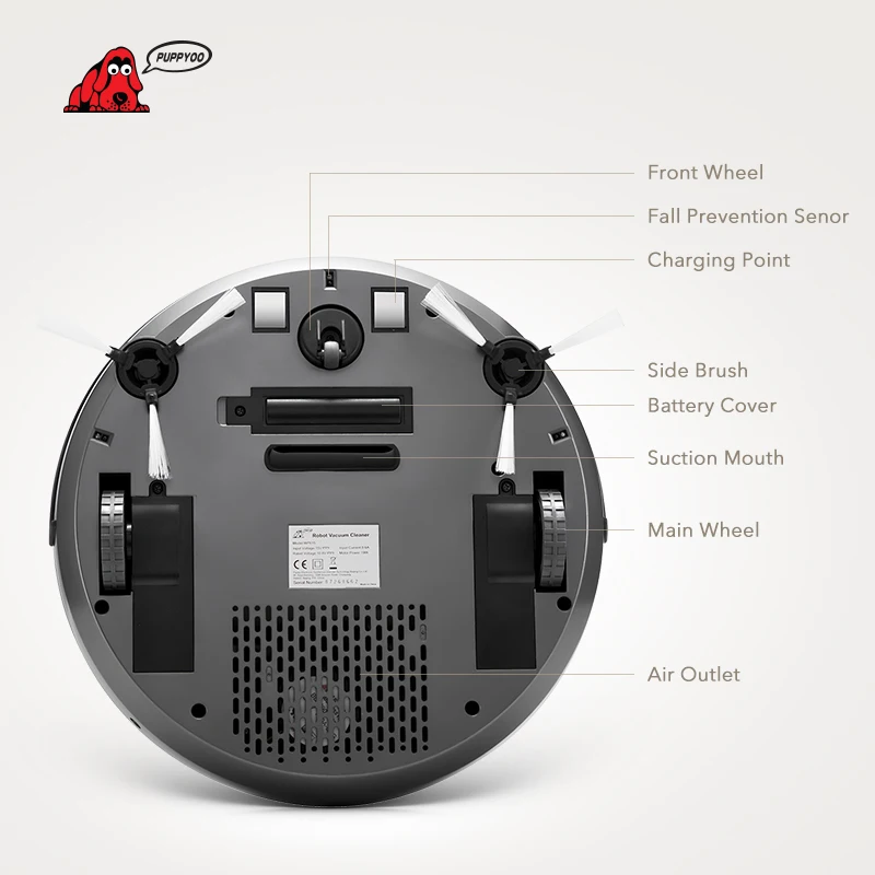 PUPPYOO Robotic Vacuum Cleaner Intelligent Multifunctional Collector Self-Charge and High Suction Power Side Brushes WP615
