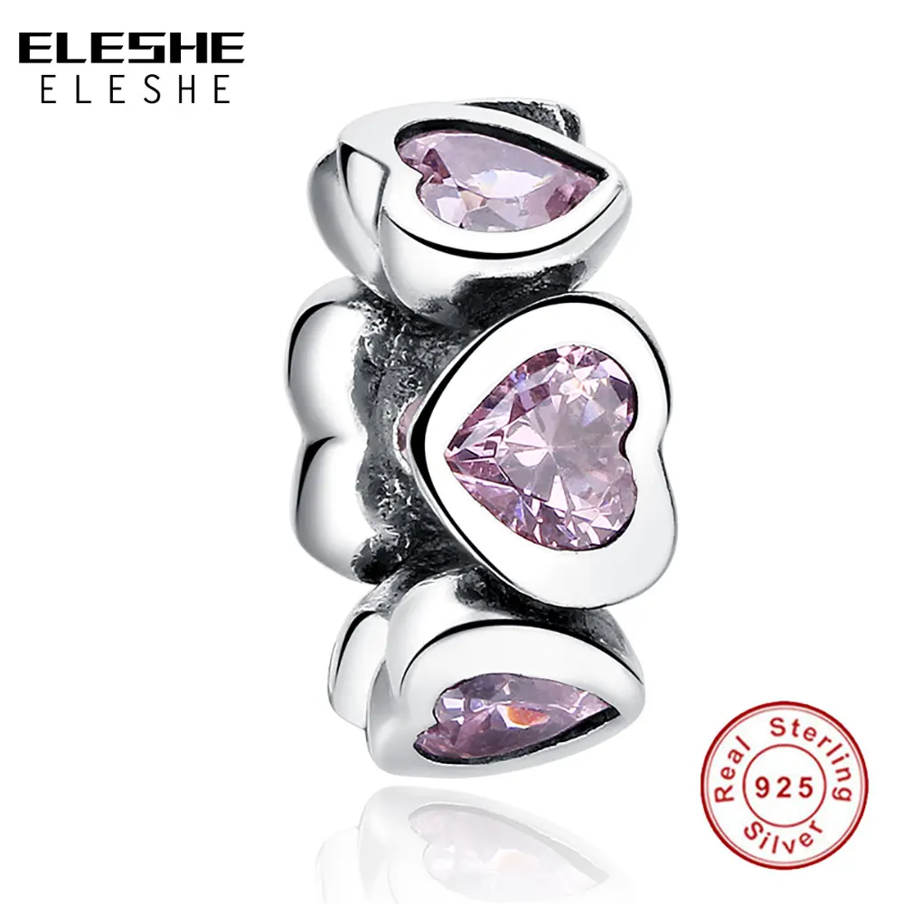 ELESHE Authentic 925 Sterling Silver Sparkling HEARTS SPACER Beads Charm Fit Original ELESHE Bracelet for Women DIY Jewelry