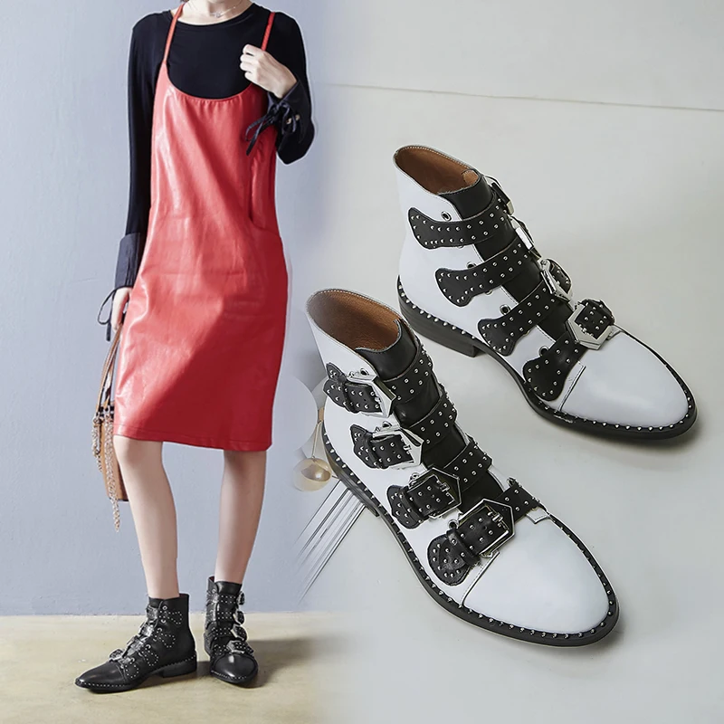

LAPOLAKA Hot Sale Plus Size 43 Brand New Genuine Cow Leather Sheepskin Pigskin Boots Shoes Woman Rivets Women Shoes Martin Boots