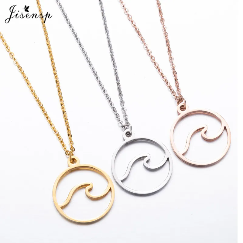 

Jisensp Stainless Steel Wave Necklace Pendants Long Chain Beach Nautical Surfing Necklace Jewelry Tropical Wedding Jewelry Gift