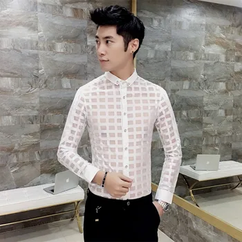 

2018 Spring Men Shirt Long Sleeve Korean Slim Fit Hollow Men's Plaid Shirts Social Hot Sale Night Club Party Dress Shirt Man 3XL
