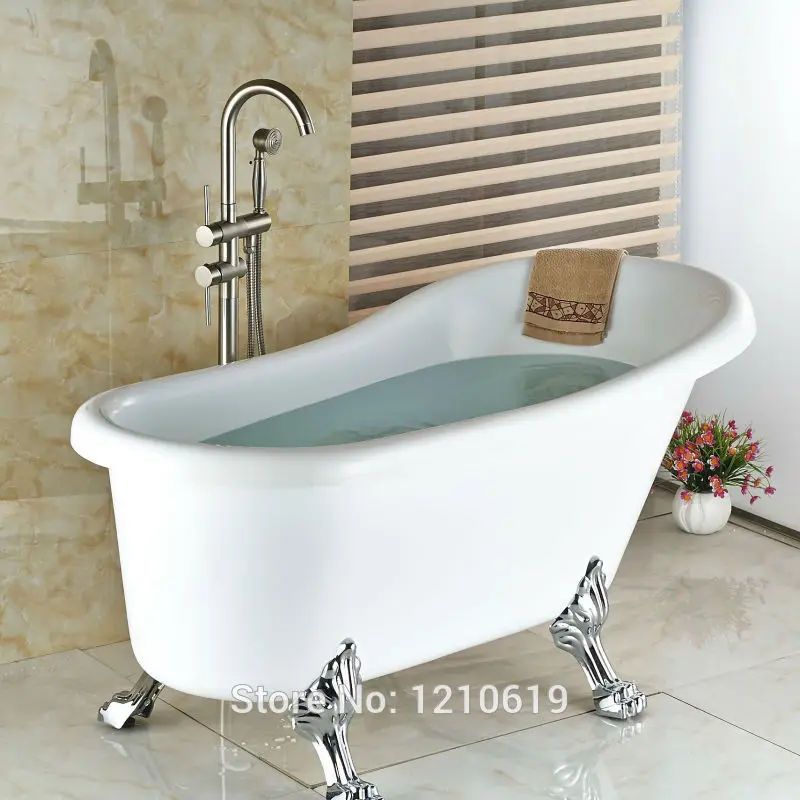 

Uythner Newly Floor Standing Bathroom Tub Faucet w/ ABS Hand Shower Nickel Brushed Bathtub Mixer Faucet Tap Dual Handles
