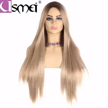

USMEI Long mixed Blonde straight wig for women synthetic cosplay wigs ombre brown root High Density/Temperature fiber fake hair
