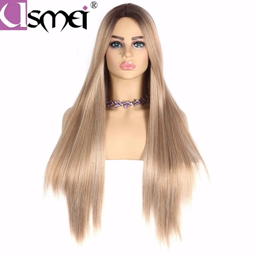 USMEI largo mezclado Rubio peluca recta para mujeres sintéticas cosplay pelucas ombre marrón raíz alta densidad/fibra de temperatura falsa pelo USMEI largo mezclado Rubio peluca recta para mujeres sintéticas cosplay pelucas ombre marrón raíz alta densidad/fibra de temperatura falsa pelo