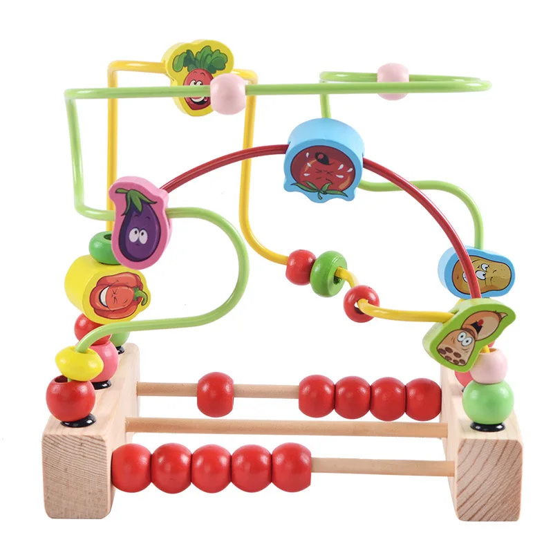 Wooden Kids Stringing Bead Roller Coaster Maze Puzzle Toy Early Educational Toys For Baby Children Vegetable Pattern Round Bead