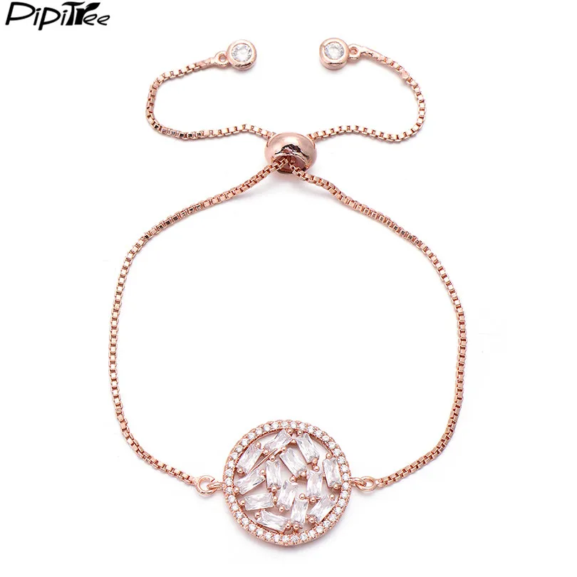 

Pipitree Luxury Shiny CZ Zircon Round Charm Bracelet for Women Lady Adjustable Chain Link Bracelets & Bangles Wedding Jewelry