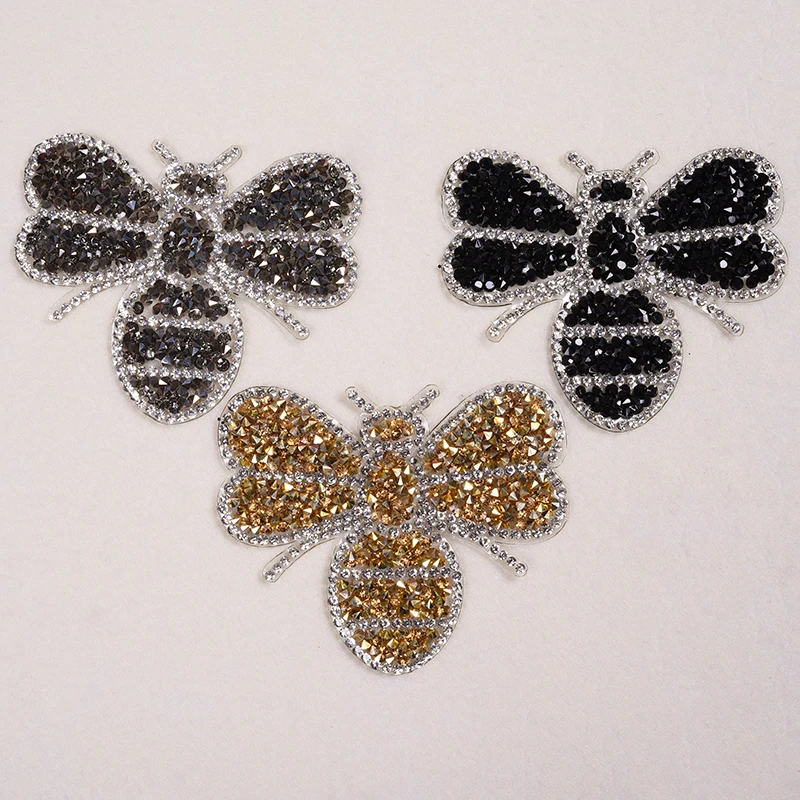 

New 1Pcs Fun Rhinestones bee Embroidered Patch Iron on Sewing Crystal Applique For Jeans Clothing Decorations