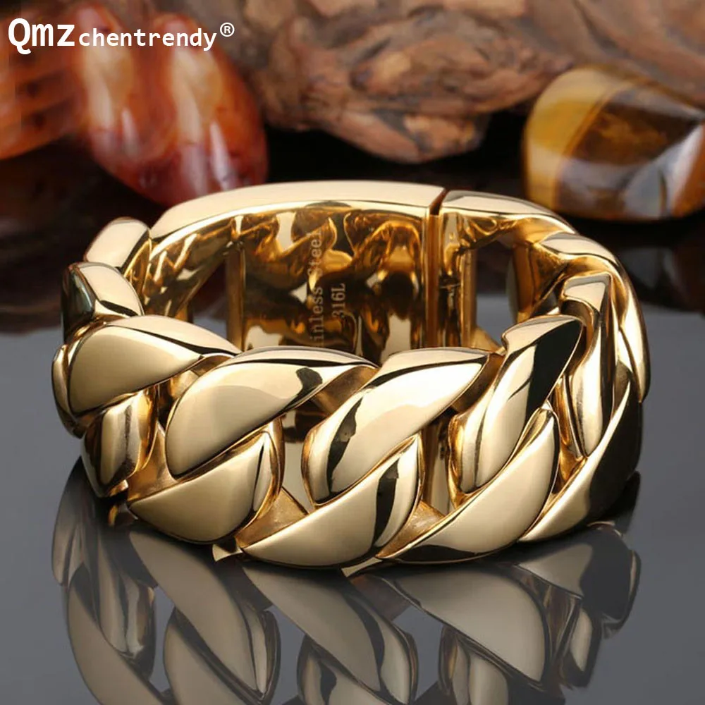 Hip hop High Quality Stainless Steel Gold Curb Cuban Chain Heavy Bracelets Trendsetter Rapper Men Women Accessories Bangle Hip hop High Quality Stainless Steel Gold Curb Cuban Chain Heavy Bracelets Trendsetter Rapper Men Women Accessories Bangle