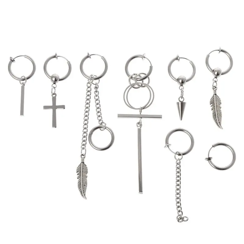 

8 Pcs/Set Jewelry Earrings Unisex Women Men Lady Hip Hop Fashion Popular Pendant Simple Stainless Steel Charms Gifts Party