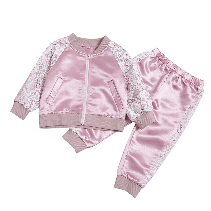 

2pcs Baby Girls Pink Lace Clothing Sets Autumn Infant Cotton Sports Suits Zipper Jackets+Pants Newborn Boy Bebes Tracksuit 1-6Y