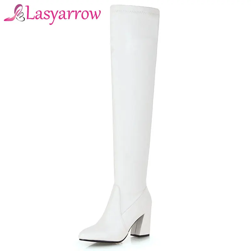 Lasyarrow/zapatos mujer; однотонные черные, белые сапоги до бедра без шнуровки; Сапоги выше колена на не сужающемся книзу высоком массивном каблуке с острым носком