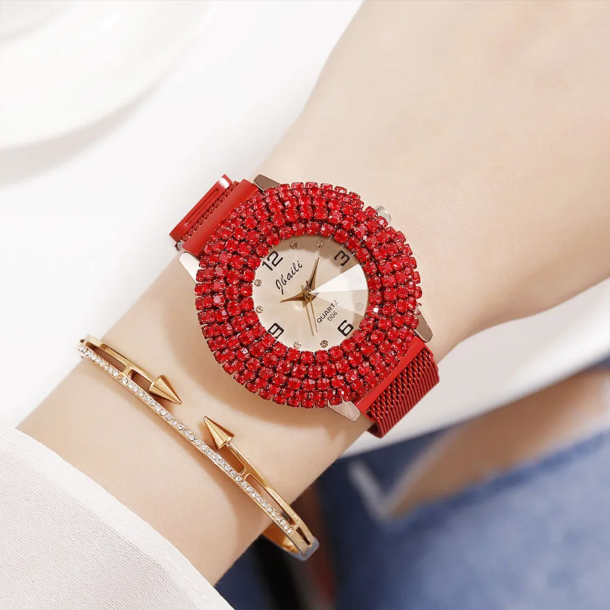 Роскошные Стразы, женские часы с большим бриллиантом, женские часы со стальным браслетом, наручные часы из розового золота с магнитным ремешком, женские часы
