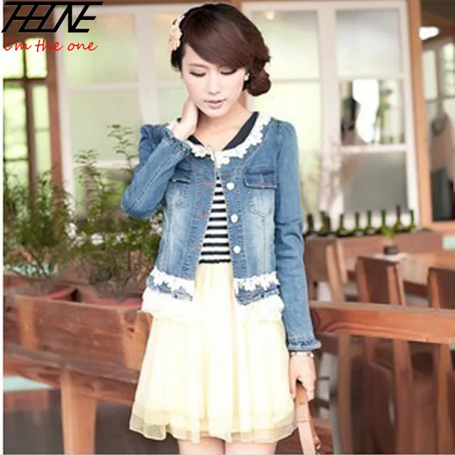 Denim Jacket Lace Jeans Coat Women O neck Slim Long sleeve