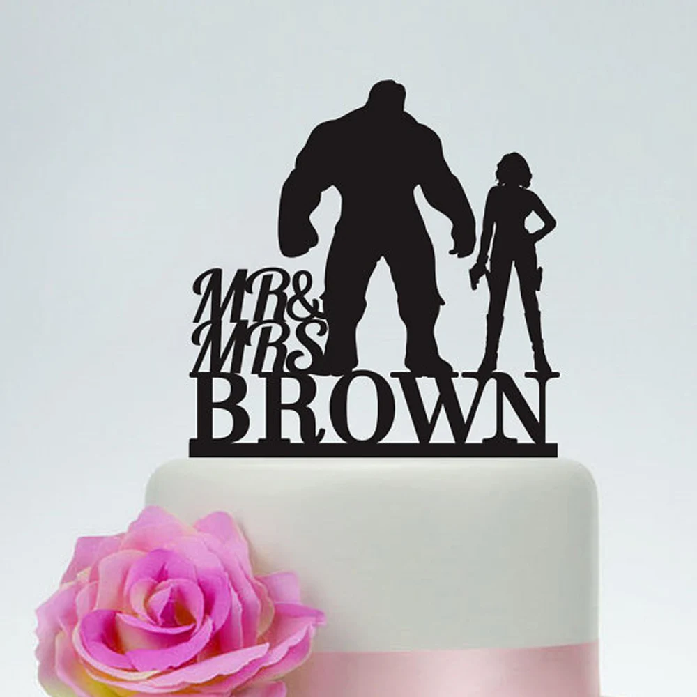 Hulk and Black Widow Wedding Cake Topper,Mr and Mrs Acrylic golg Silver wooden Black Cake Topper,Superhero  Wedding Cake Topper.