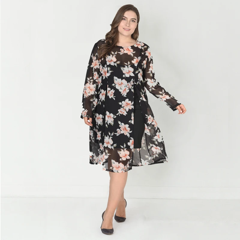 black womens tops and blouses plus size 4xl 5xl 6xl 7xl 8xl Long sleeve see through long Summer Chiffon Floral Print Loose Boho Blouses