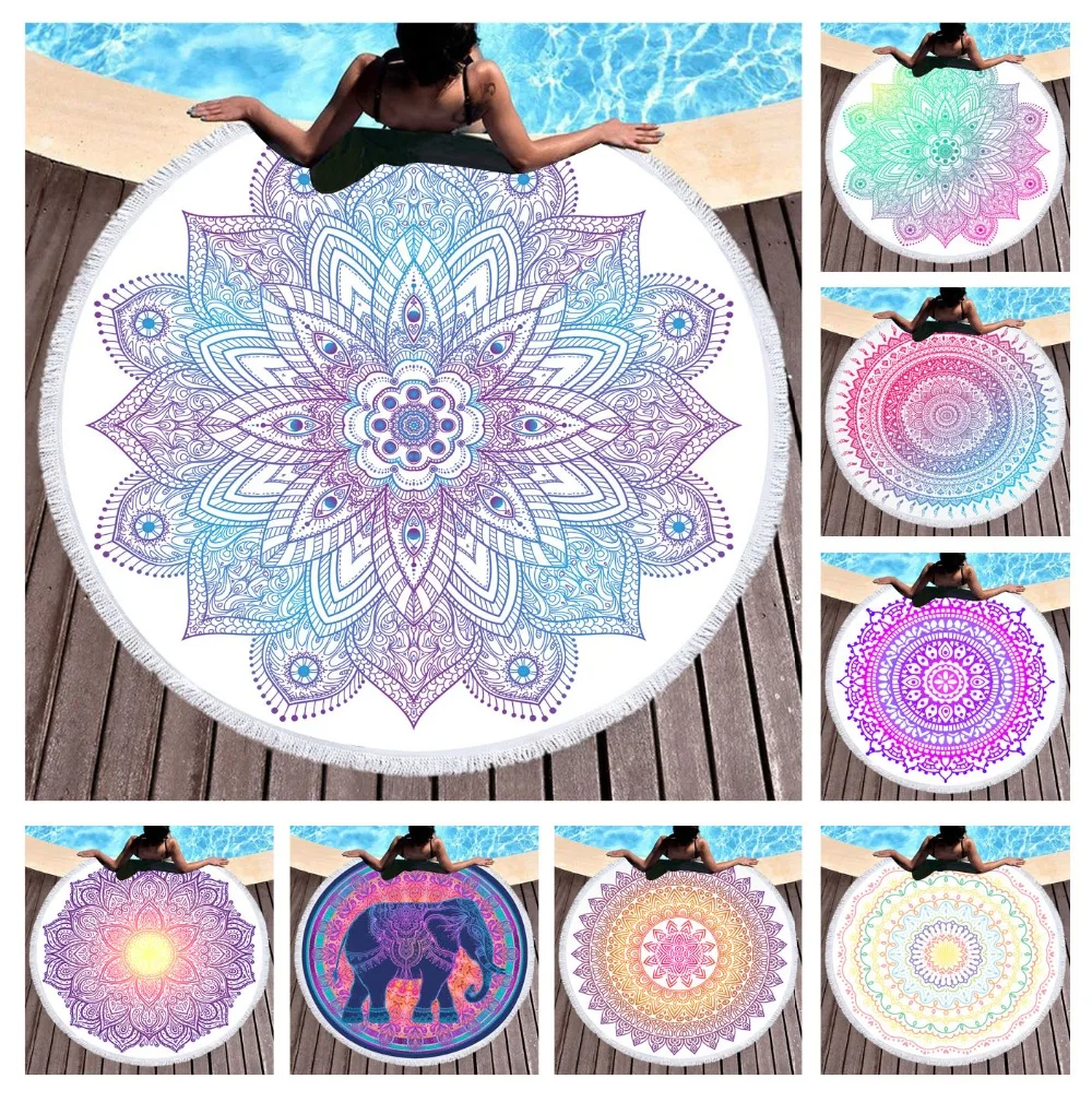 

Free shipping Ethnic Mandala Flower Circles Elephant Print Fringed Large Round Sports Pool Bath beach Wrap towel Blanket 150cm