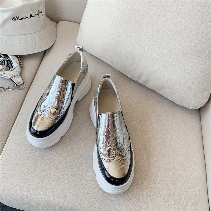 Meotina Women Shoes Fall Flats Natural Genuine Leather Flat Platform Shoes Real Leather Square Toe Shoes Lady Sliver Size 34-39
