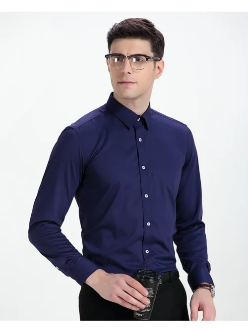 Высококачественная Мужская тонкая рубашка из хлопка, Мужская модная деловая Повседневная Однотонная рубашка,, 4 цвета - Цвет: navy blue