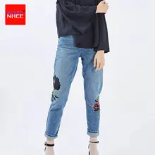 Большие размеры, прямые джинсы с вышивкой и высокой талией, женские неэластичные прямые джинсы с вышивкой розы