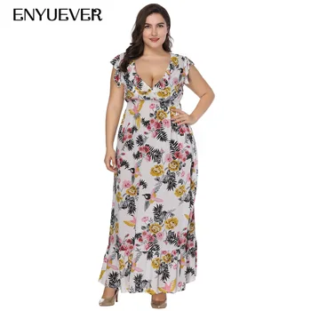 

Enyuever Plus Size Dresses For Womens 7XL V Neck Fashion Bird Floral Print Maxi Long Evening Party Dress Summer Boho Vestidos
