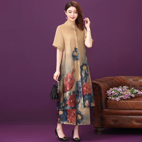 

2019 Autumn New Short Sleeved Retro Literature Art Loose Women Elegant Female Silk Two Piece Cardigan Wide Leg Pants Plus Size