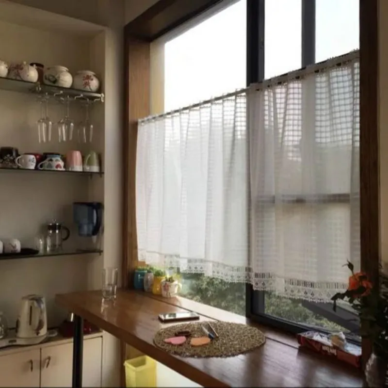 Sheer Curtain White Tulle Lattice Check Door Curtain For Kitchen