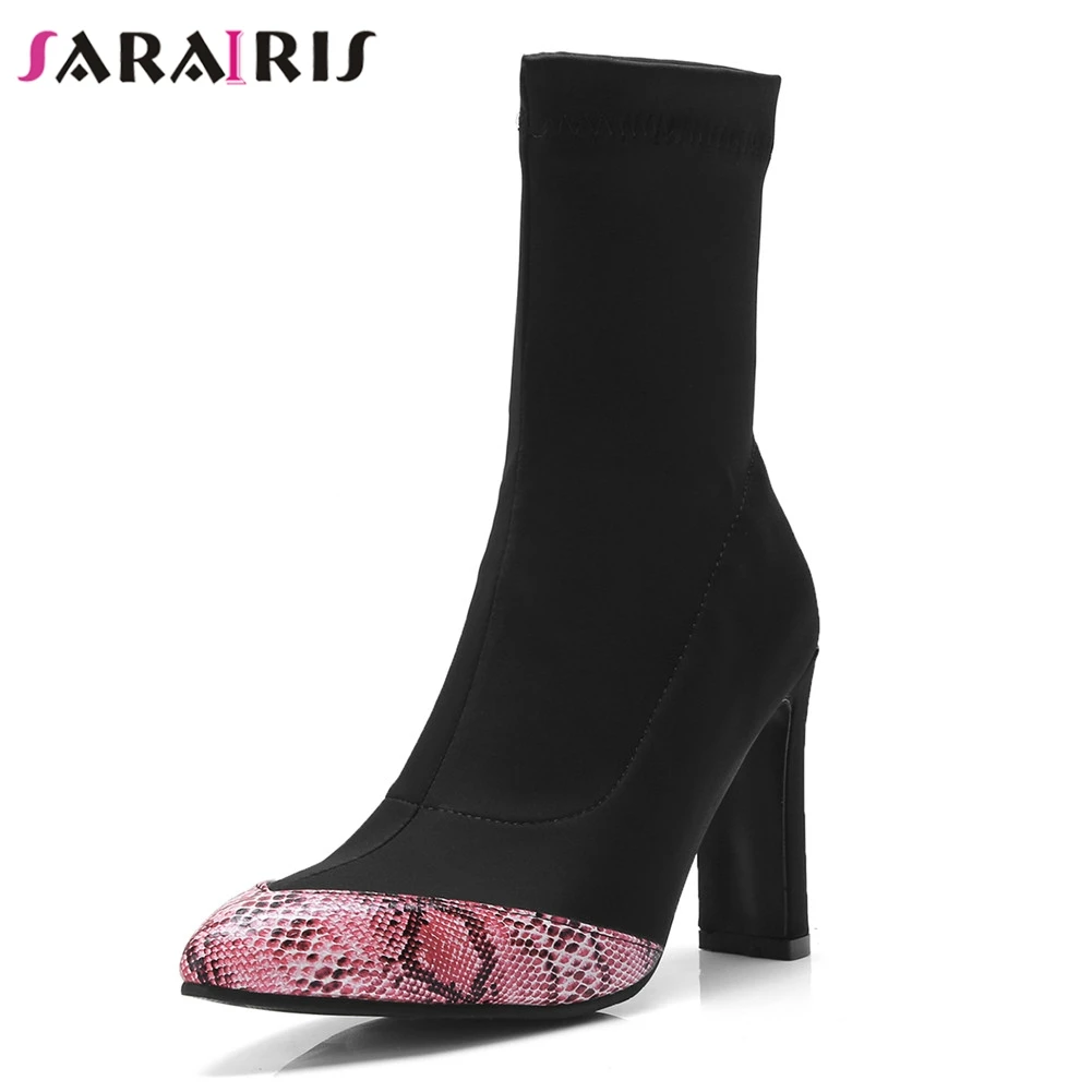 

SARAIRIS Big Size 32-43 Brand New Mixed Colors Pointed Toe Square High Heels Shoes Woman Casual Winter Spring Mid Calf Boots