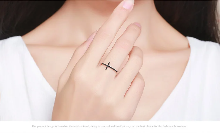 BISAER Настоящее 925 пробы серебро вера крест черный CZ женские кольца на палец женское кольцо из стерлингового серебра ювелирные изделия Anel ECR067