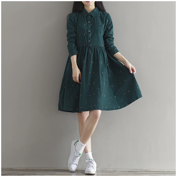 Vestidos de Otoño invierno de Color verde de manga larga Chicas Mori vestidos sueltos Turn Down vestido de pana una línea Lolita vestido Z885 - AliExpress Ropa de mujer