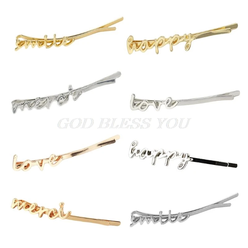 

Women Girls Metallic Polished Glitter Curved Bobby Pins Hair Clips Minimalist Handwriting Love Alphabet Letters Hairgrips